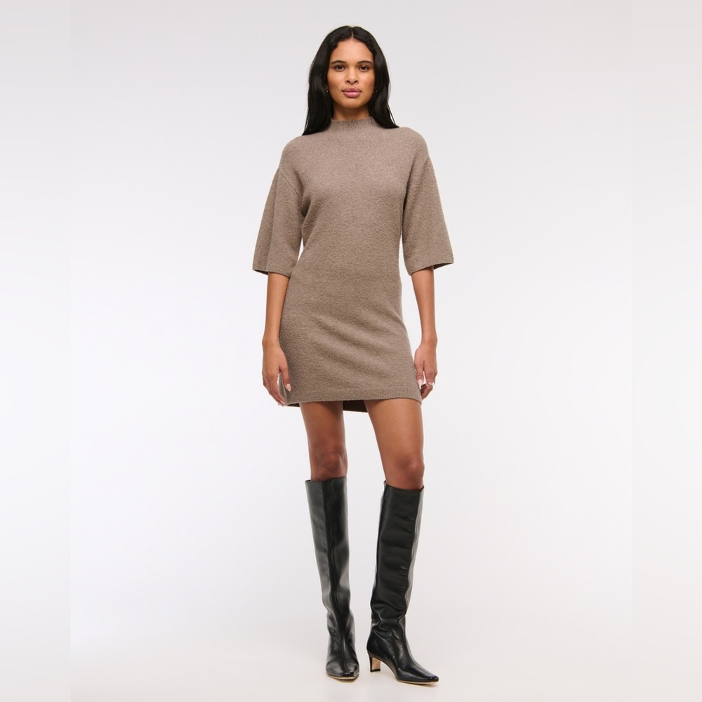 Abercrombie & Fitch Short-Sleeve Boucle Mini Sweater Dress in Taupe